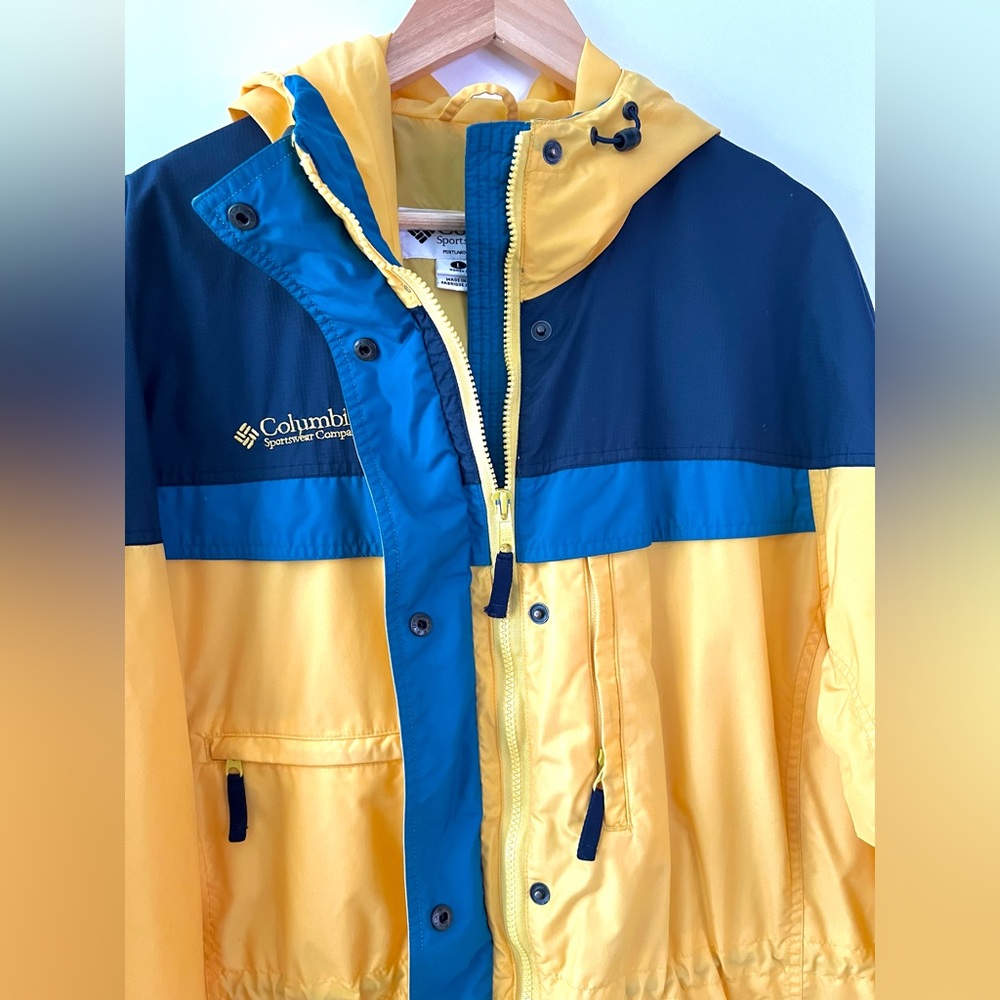 COLUMBIA | Vintage 90s Yellow Blue Aqua Color Block Weather Rain Jacket Large - Picture 3 of 9